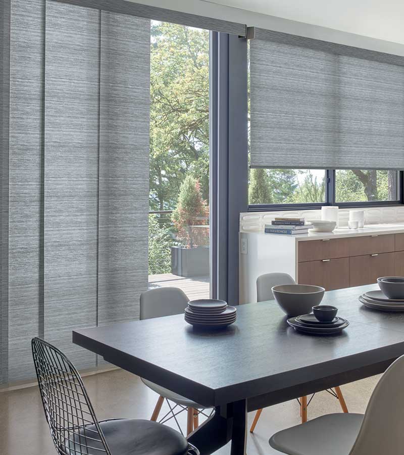 glass-doors-modern-dining-room-gliding-window-panels-aero-drapery-and-blinds glass doors modern dining room gliding window panels aero drapery and blinds